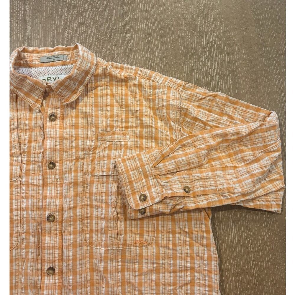 Orvis Shirt Mens XL Orange‎ Seersucker Fishing Vented Roll Tab Long Sleeves